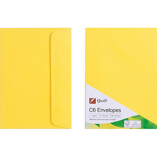 Image for QUILL C6 COLOURED ENVELOPES PLAINFACE STRIP SEAL 80GSM 114 X 162MM LEMON PACK 25 from Aztec Office National