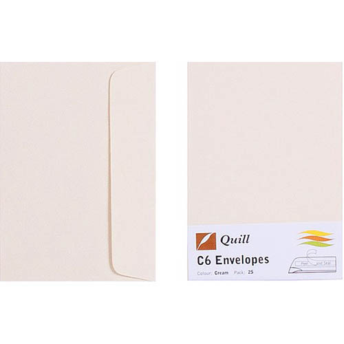 Image for QUILL C6 COLOURED ENVELOPES PLAINFACE STRIP SEAL 80GSM 114 X 162MM CREAM PACK 25 from Surry Office National