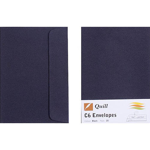 Image for QUILL C6 COLOURED ENVELOPES PLAINFACE STRIP SEAL 80GSM 114 X 162MM BLACK PACK 25 from Office National