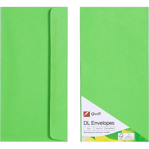 Image for QUILL DL COLOURED ENVELOPES PLAINFACE STRIP SEAL 80GSM 110 X 220MM LIME PACK 25 from Office National Sydney Stationery