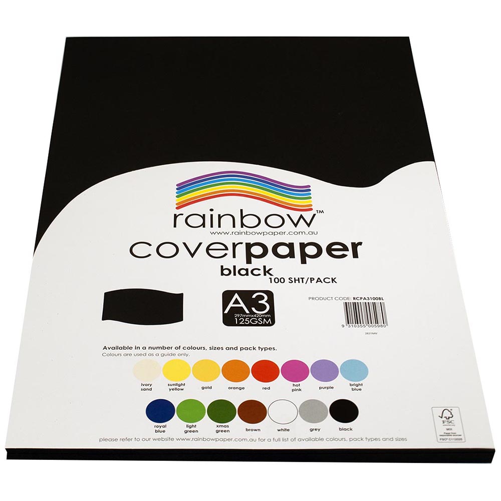Image for RAINBOW COVER PAPER 125GSM A3 BLACK PACK 100 from Coleman's Office National