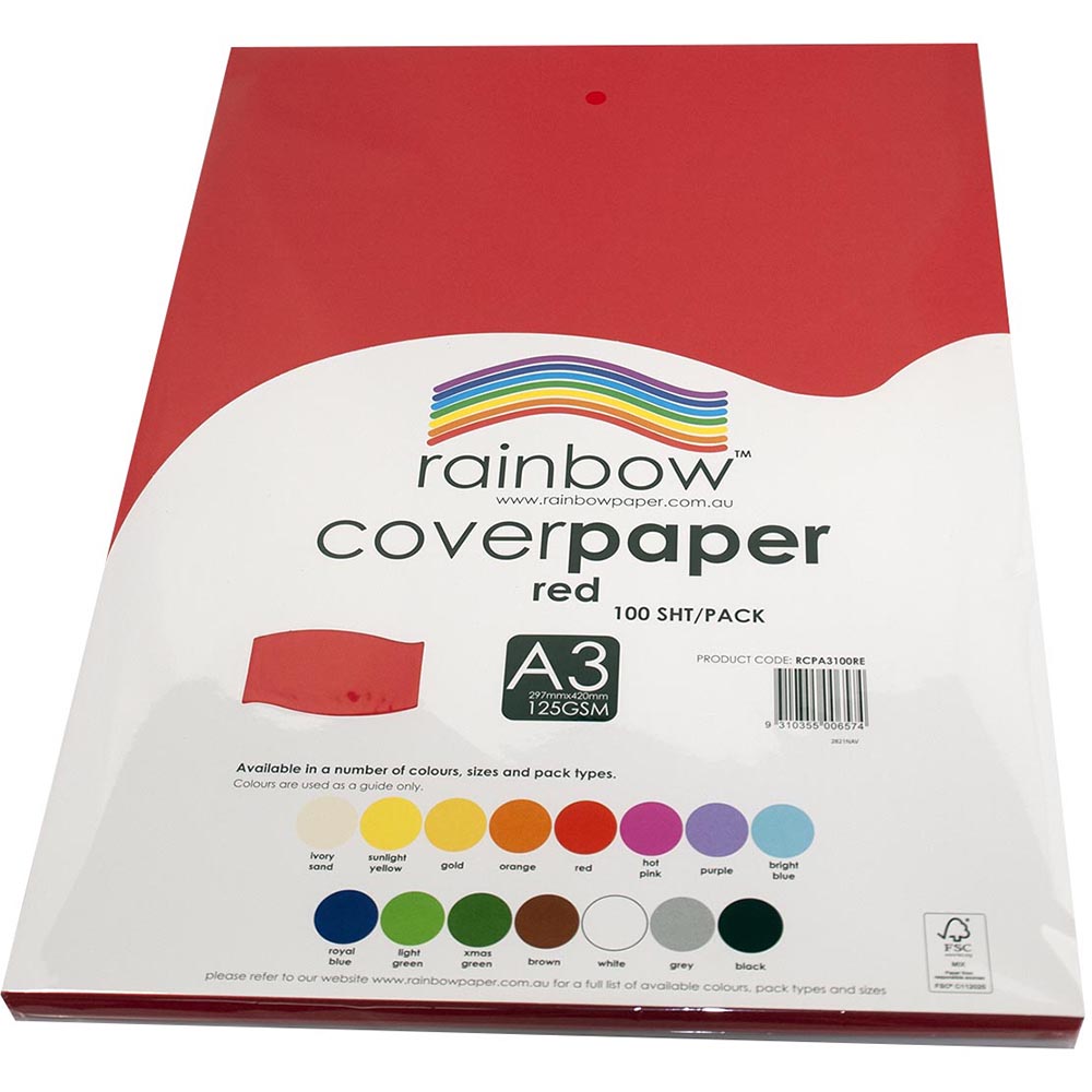 Image for RAINBOW COVER PAPER 125GSM A3 RED PACK 100 from Copylink Office National