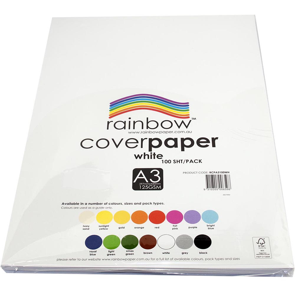 Image for RAINBOW COVER PAPER 125GSM A3 WHITE PACK 100 from Premier Office National
