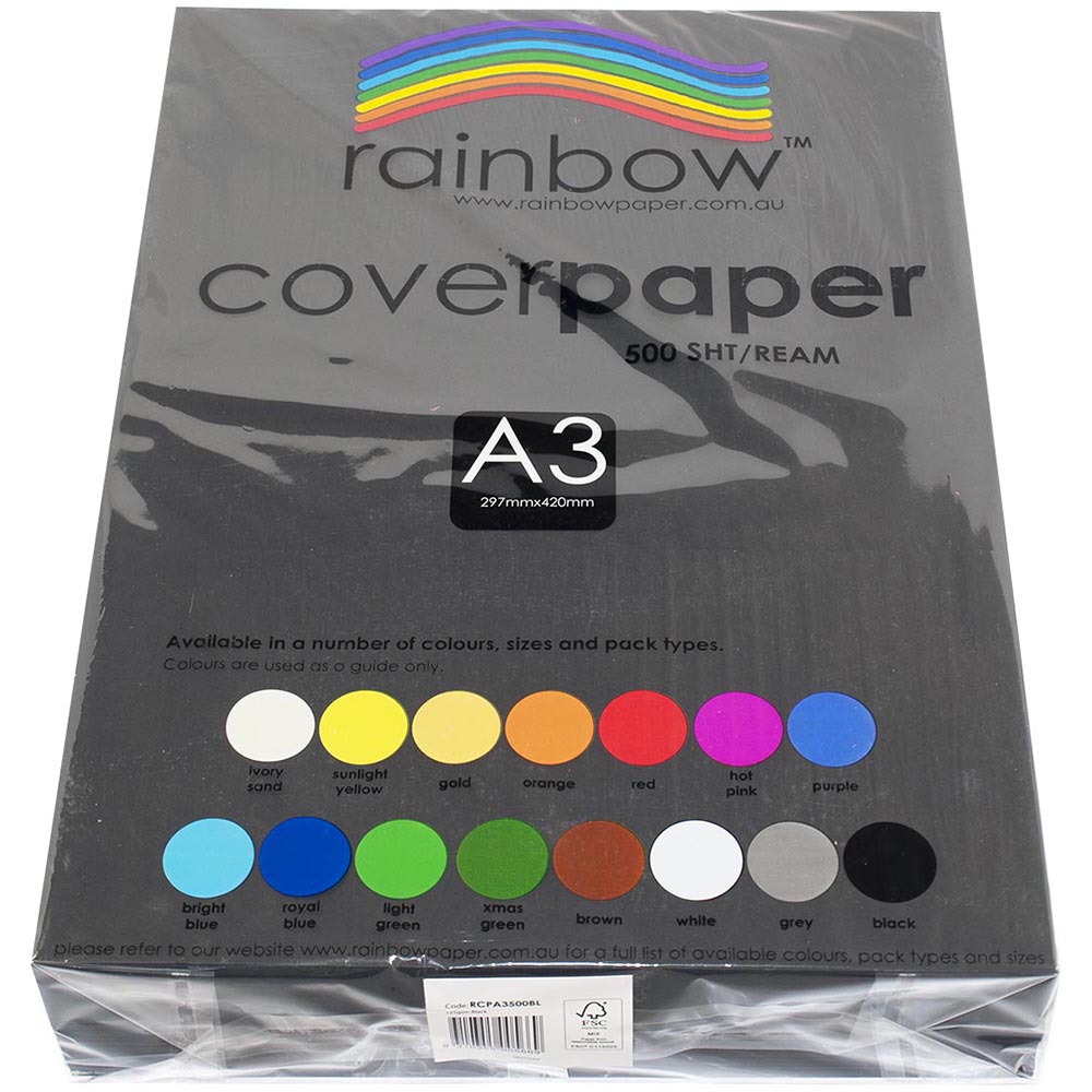 Image for RAINBOW COVER PAPER 125GSM A3 BLACK PACK 500 from Our Town & Country Office National