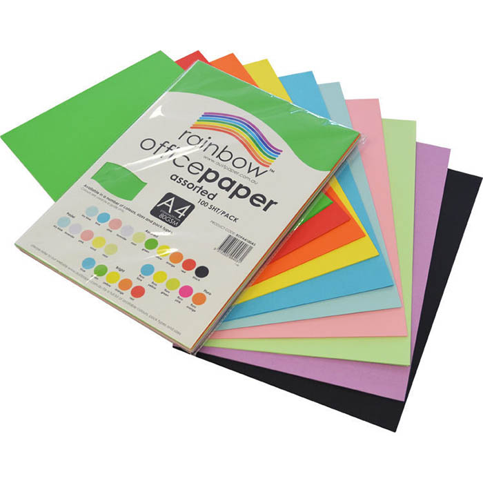 Image for RAINBOW COLOURED A4 COPY PAPER 80GSM 100 SHEETS ASSORTED from BACK 2 BASICS & HOWARD WILLIAM OFFICE NATIONAL
