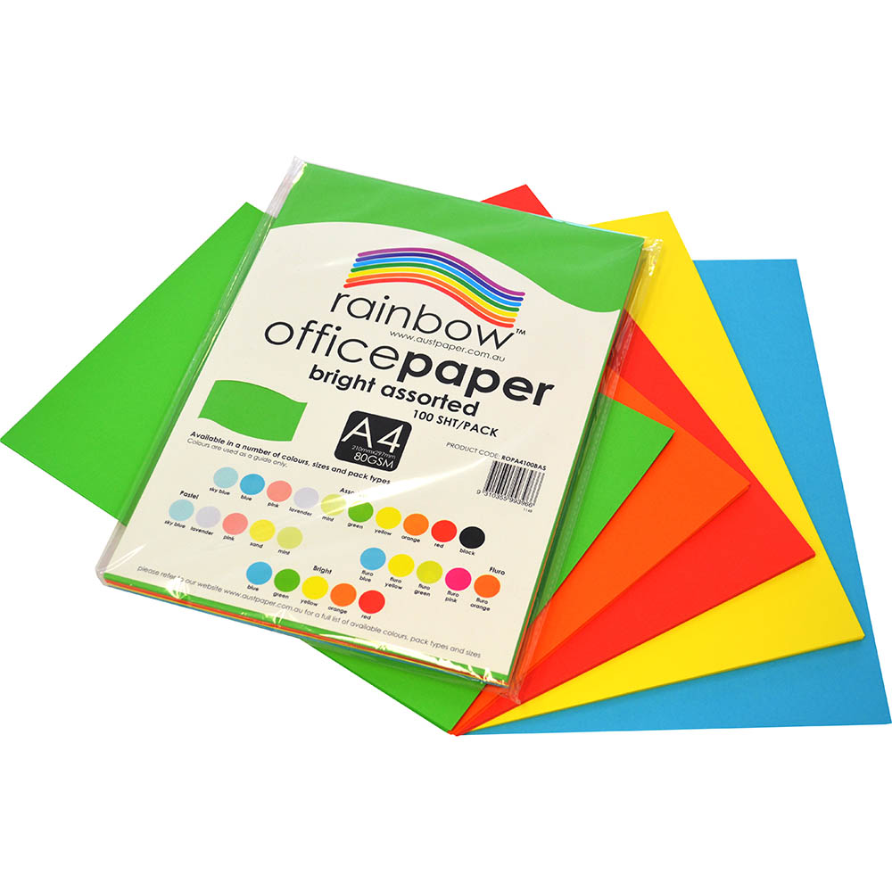 Image for RAINBOW COLOURED A4 COPY PAPER 80GSM 100 SHEETS BRIGHT ASSORTED from PaperChase Office National