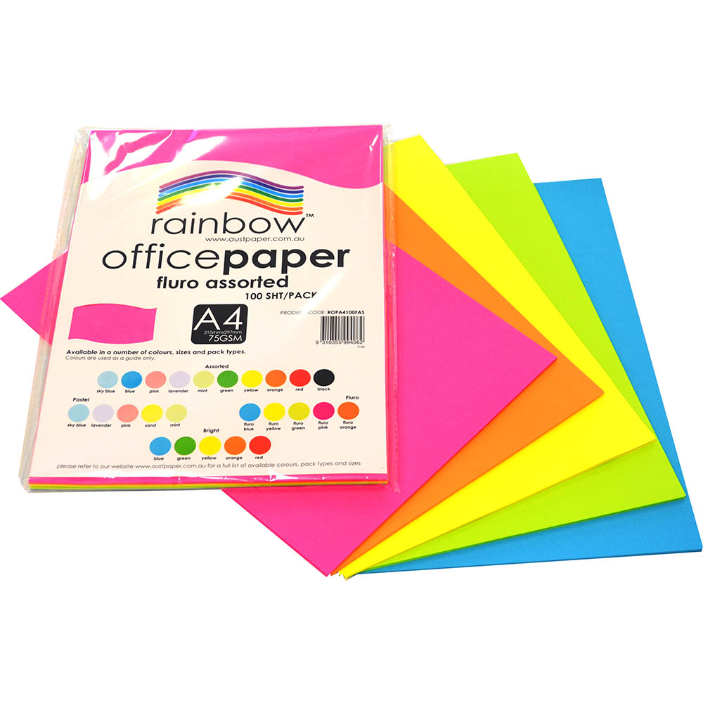 Image for RAINBOW COLOURED A4 COPY PAPER 75GSM 100 SHEETS FLURO ASSORTED from Surry Office National