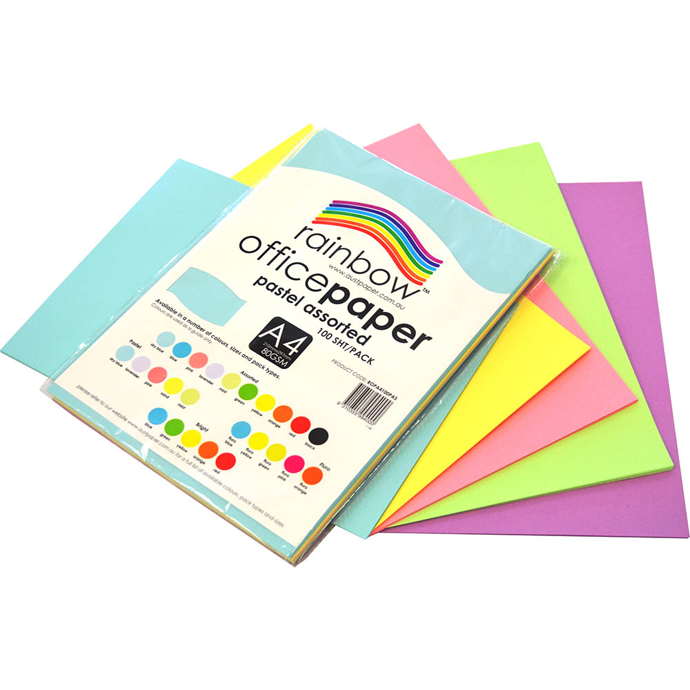 Image for RAINBOW COLOURED A4 COPY PAPER 80GSM 100 SHEETS PASTEL ASSORTED from PaperChase Office National