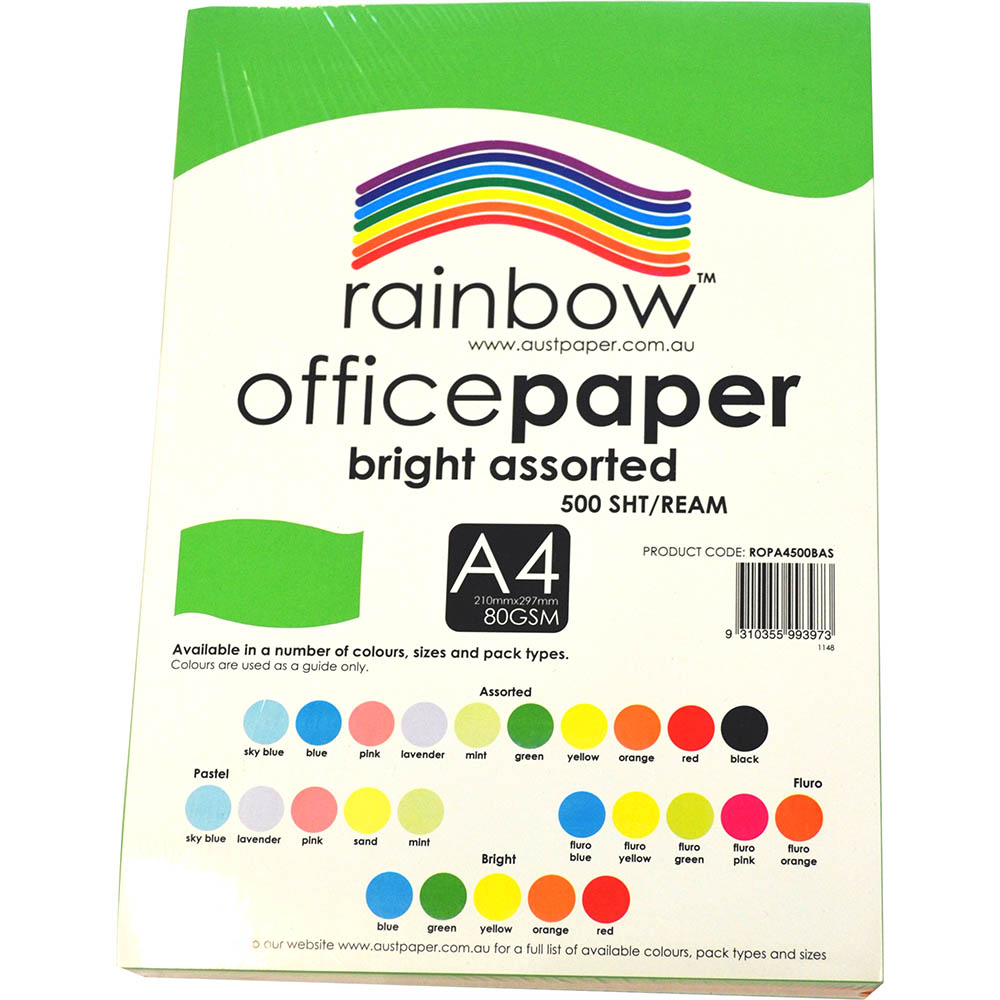 Image for RAINBOW COLOURED A4 COPY PAPER 80GSM 500 SHEETS BRIGHT ASSORTED from Aatec Office National