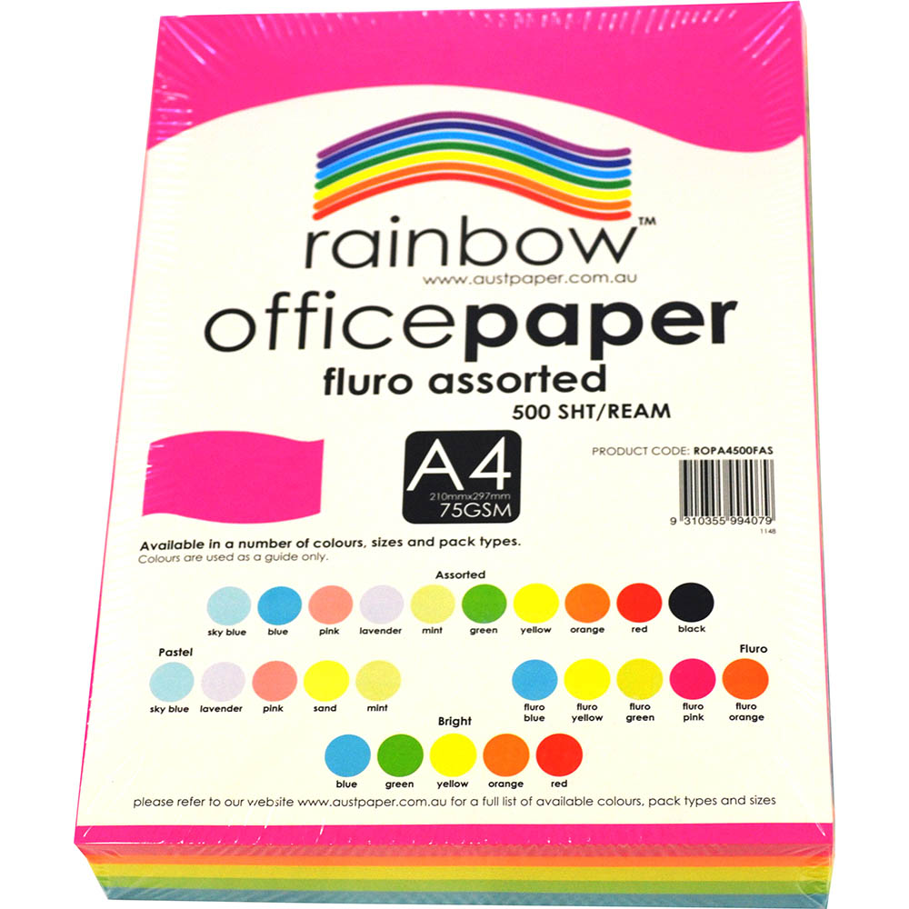 Image for RAINBOW COLOURED A4 COPY PAPER 75GSM 500 SHEETS FLURO ASSORTED from Aztec Office National