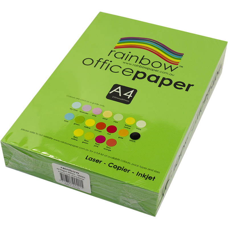 Image for RAINBOW COLOURED A4 COPY PAPER 80GSM 500 SHEETS GREEN from Connelly's Office National