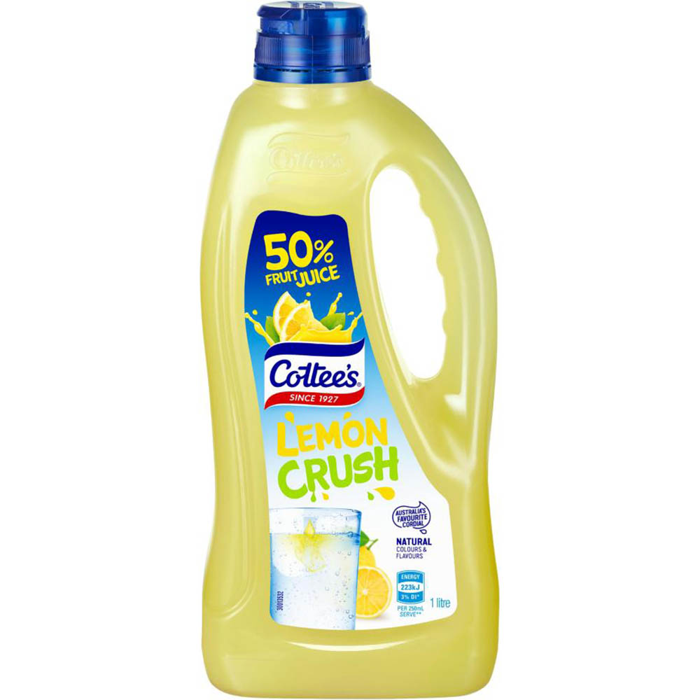 Image for COTTEES CORDIAL LEMON CRUSH PET 1 LITRE CARTON 9 from Surry Office National