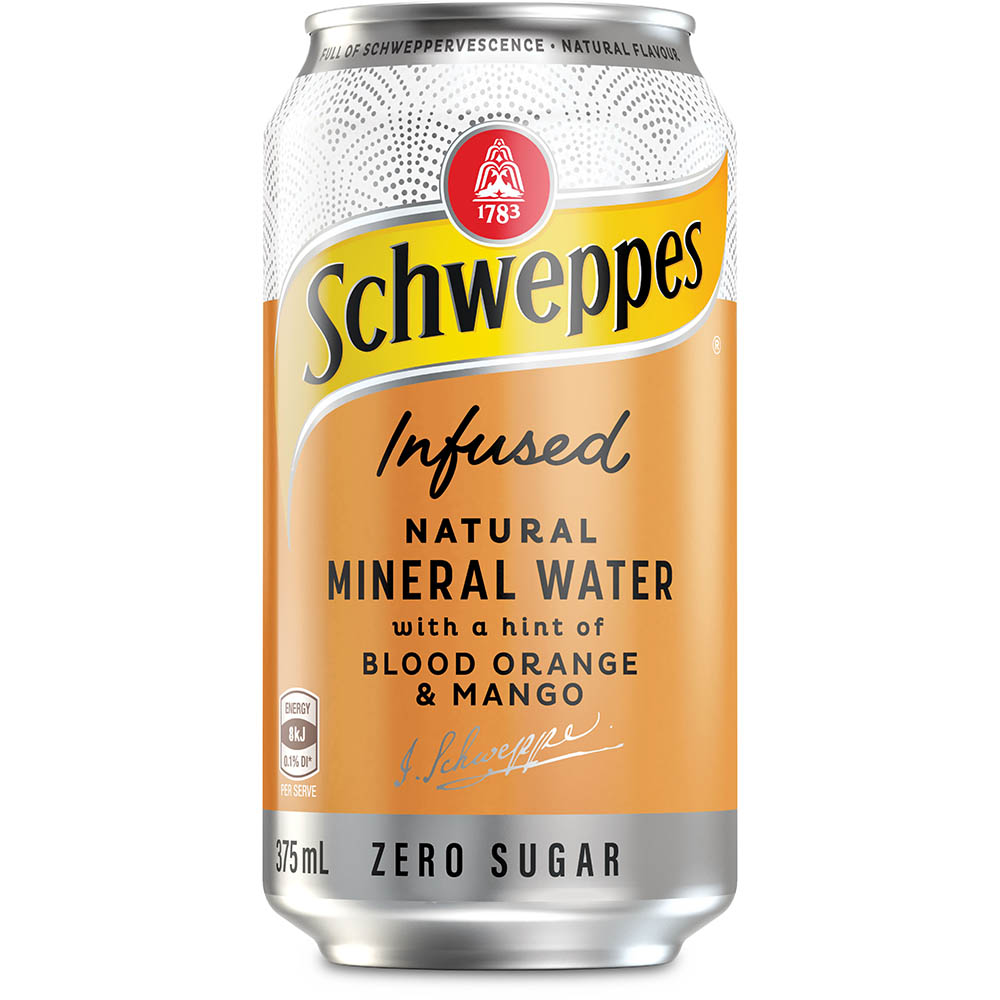 Image for SCHWEPPES INFUSED NATURAL MINERAL WATER CAN 375ML BLOOD ORANGE AND MANGO PACK 10 from Aztec Office National Melbourne