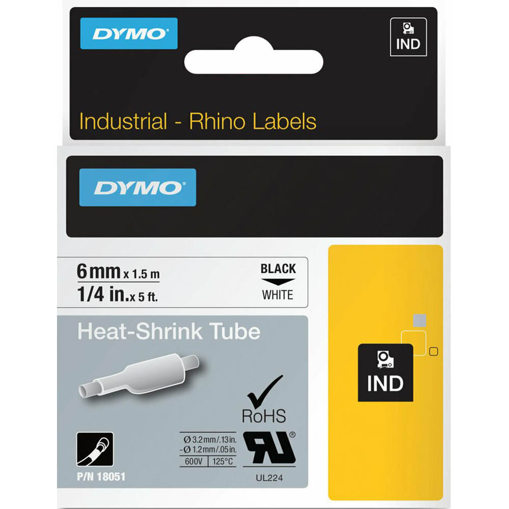 Image for DYMO SD18051 RHINO INDUSTRIAL HEAT SHRINK TUBING 6MM BLACK ON WHITE from Connelly's Office National