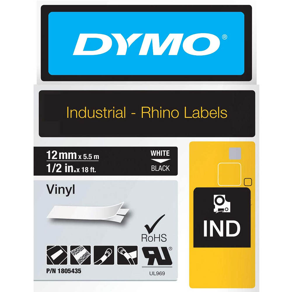 Image for DYMO 1805435 RHINO INDUSTRIAL TAPE VINYL 12MM WHITE ON BLACK from Aztec Office National Melbourne
