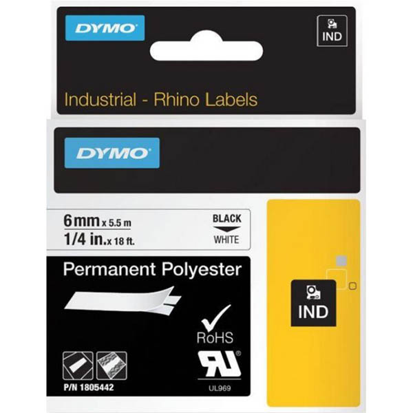 Image for DYMO 1805442 RHINO INDUSTRIAL TAPE PERMANENT POLYESTER 6MM BLACK ON WHITE from Aztec Office National