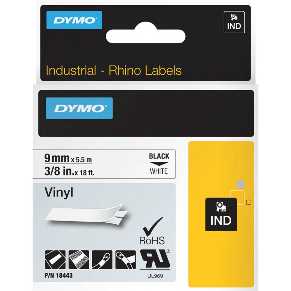 Image for DYMO SD18443 RHINO INDUSTRIAL TAPE VINYL 9MM BLACK ON WHITE from Surry Office National