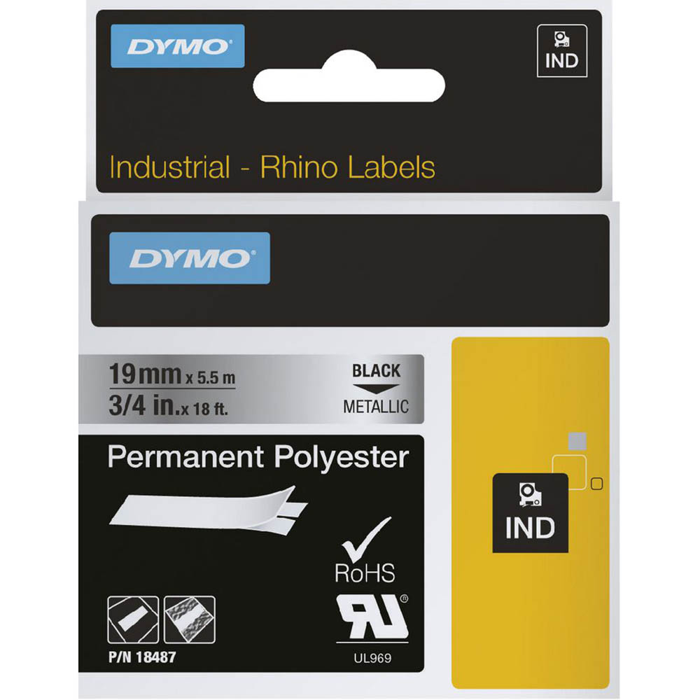 Image for DYMO 18487 RHINO INDUSTRIAL TAPE PERMANENT POLYESTER 19MM BLACK ON METALLIC from Angletons Office National
