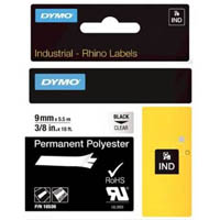 dymo 18508dmo rhino industrial tape permanent polyester 9mm black on clear