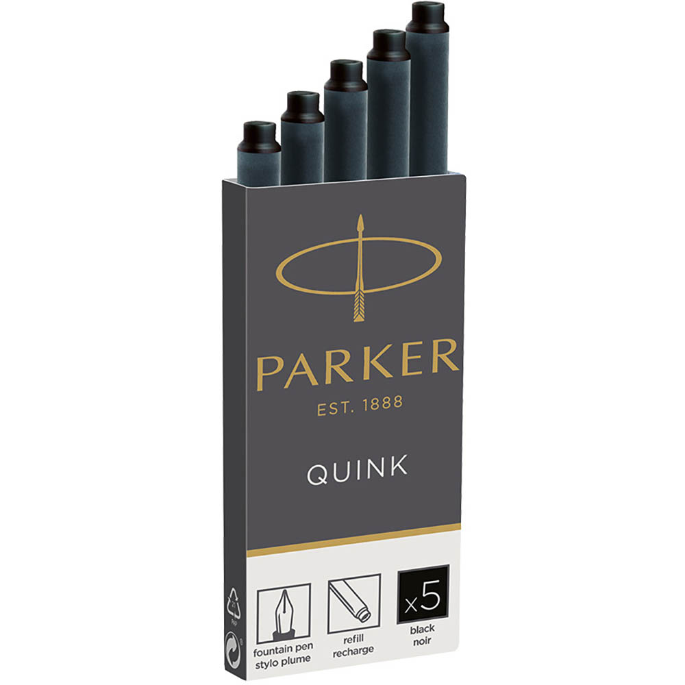 Image for PARKER QUINK FOUNTAIN PEN INK CARTRIDGES BLACK PACK 5 from Office National Limestone Coast