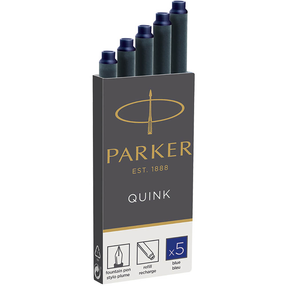 Image for PARKER QUINK FOUNTAIN PEN INK CARTRIDGES BLUE PACK 5 from Mackay Business Machines (MBM) Office National