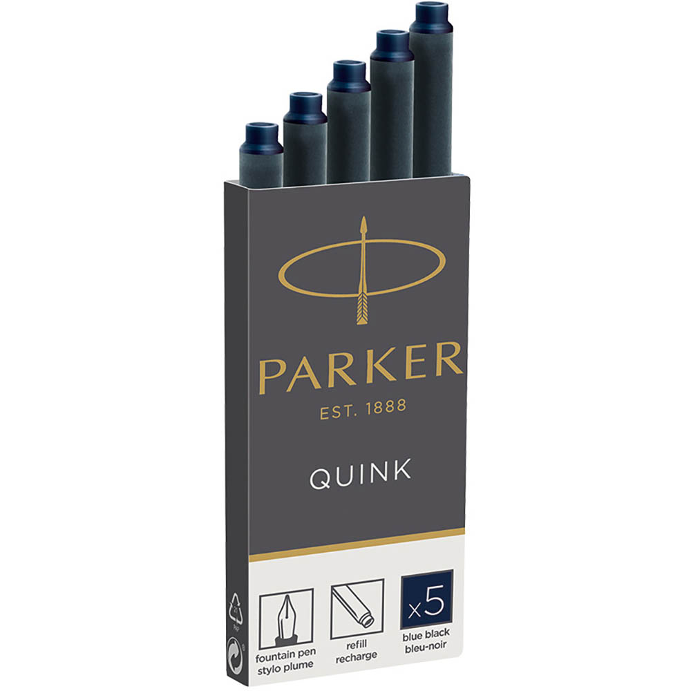 Image for PARKER QUINK FOUNTAIN PEN INK CARTRIDGES BLUE BLACK PACK 5 from OFFICE NATIONAL CANNING VALE