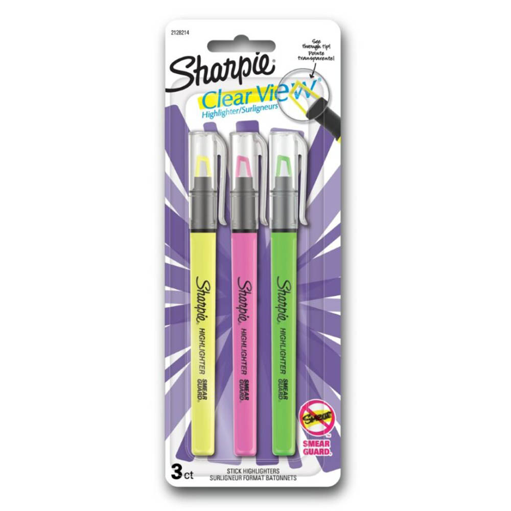 Image for SHARPIE CLEAR VIEW HIGHLIGHTER STICK SEE-THROUGH CHISEL ASSORTED PACK 3 from Connelly's Office National