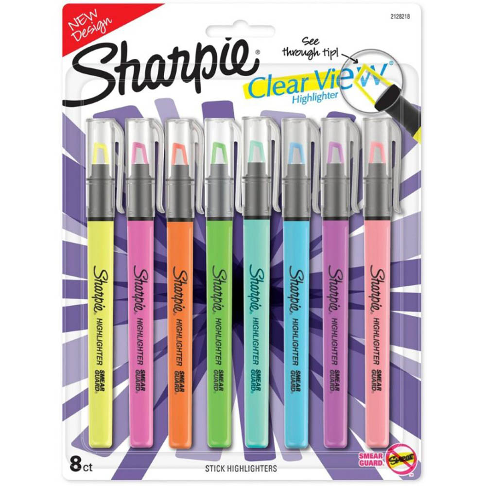 Image for SHARPIE CLEAR VIEW HIGHLIGHTER STICK SEE-THROUGH CHISEL ASSORTED PACK 8 from Aztec Office National Melbourne