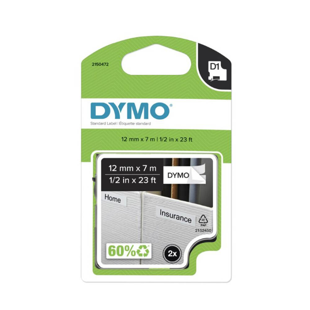 Image for DYMO D1 LABELLING TAPE 12MM X 7M BLACK ON WHITE PACK 2 from Office National