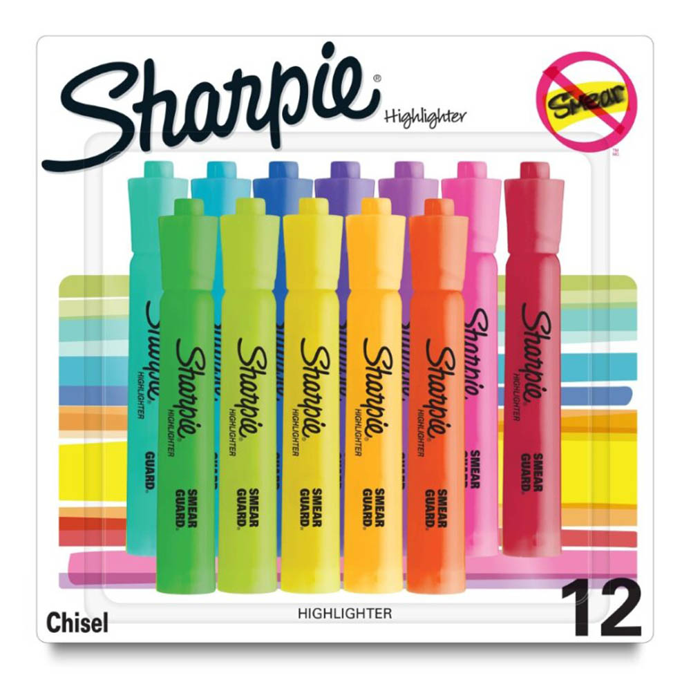 Image for SHARPIE SMEARGUARD TANK HIGHLIGHTER CHISEL ASSORTED PACK 12 from Mackay Business Machines (MBM) Office National