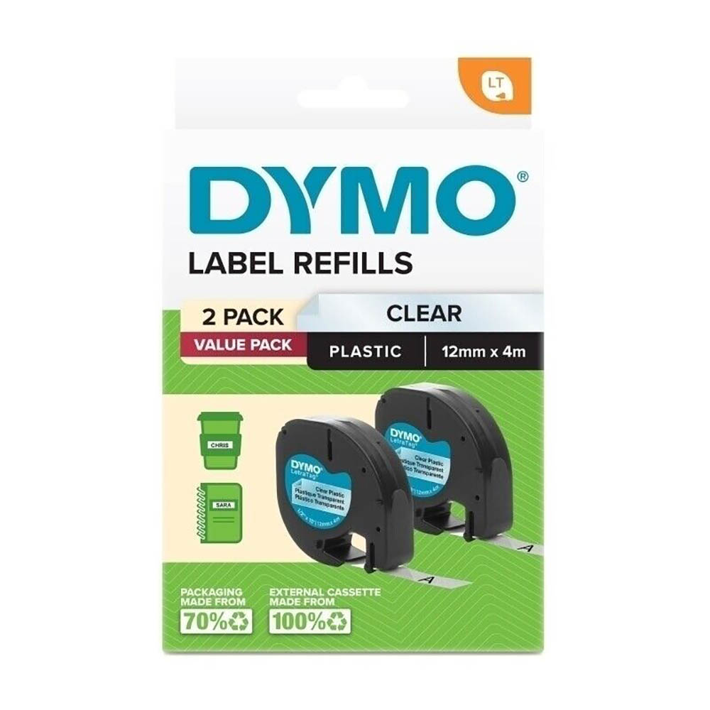 Image for DYMO LETRATAG PLASTIC TAPE 12MM X 4M CLEAR PACK 2 from Office National Mount Gambier