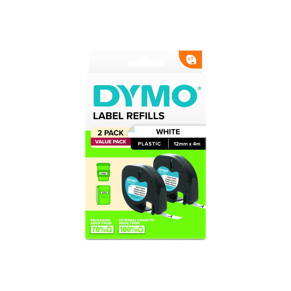 Image for DYMO LETRATAG PLASTIC TAPE 12MM X 4M WHITE PACK 2 from Premier Office National