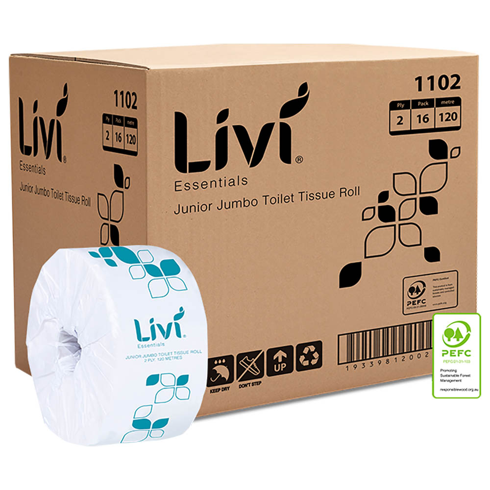 Image for LIVI ESSENTIALS JUNIOR JUMBO TOILET ROLL EMBOSSED 2-PLY 120M CARTON 16 from Our Town & Country Office National