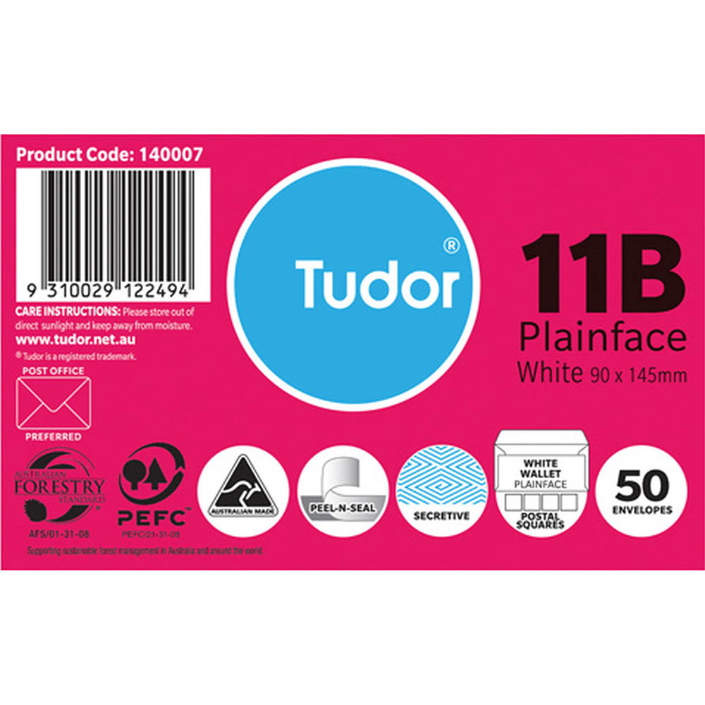 Image for TUDOR 11B ENVELOPES SECRETIVE WALLET PLAINFACE STRIP SEAL POST OFFICE SQUARES 80GSM 90 X 145MM WHITE PACK 50 from Surry Office National