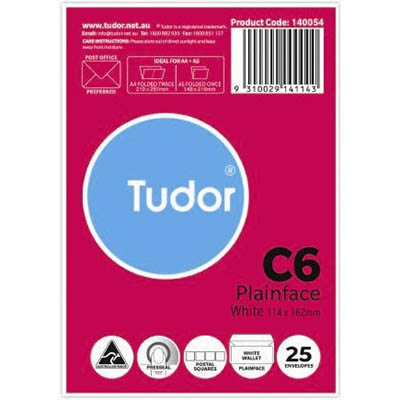 Image for TUDOR C6 ENVELOPES WALLET PLAINFACE PRESS SEAL POST OFFICE SQUARES 80GSM 114 X 162MM WHITE PACK 25 from Aztec Office National