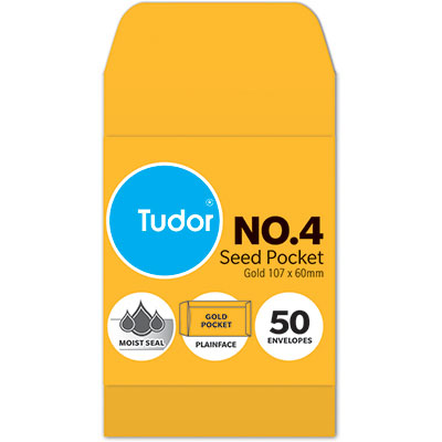 Image for TUDOR ENVELOPES NO.4 SEED POCKET PLAINFACE MOIST SEAL 80GSM 60 X 107MM GOLD PACK 50 from Office National Limestone Coast