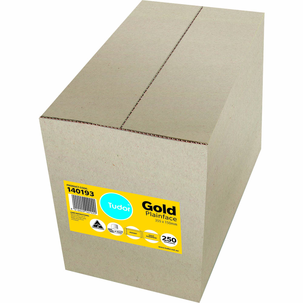Image for TUDOR ENVELOPES POCKET PLAINFACE STRIP SEAL 80GSM 355 X 150MM GOLD BOX 250 from Copylink Office National