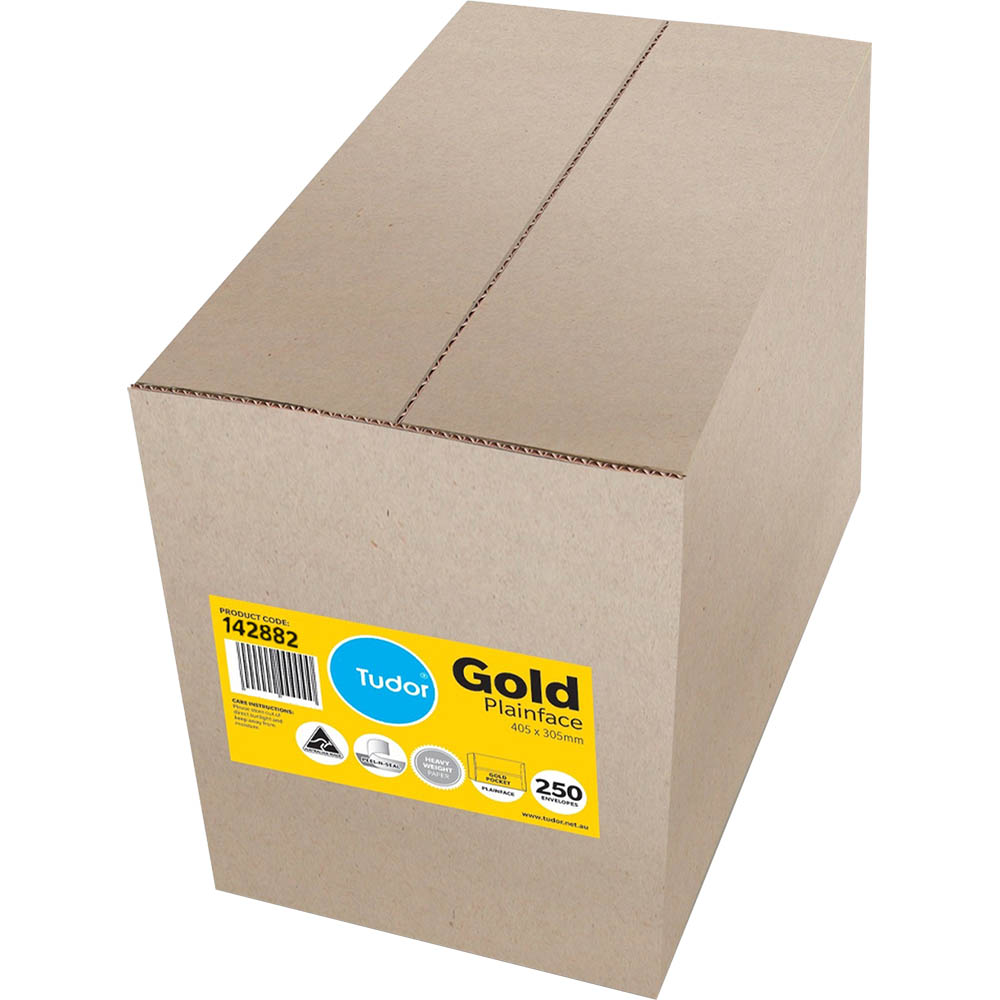 Image for TUDOR ENVELOPES POCKET PLAINFACE STRIP SEAL 100GSM 405 X 305MM GOLD BOX 250 from Office National Hobart