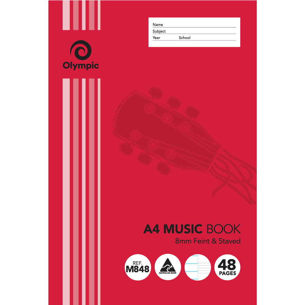 Image for OLYMPIC M848 MUSIC BOOK FEINT AND STAVED 8MM 48 PAGE 55GSM A4 from Office National Balcatta