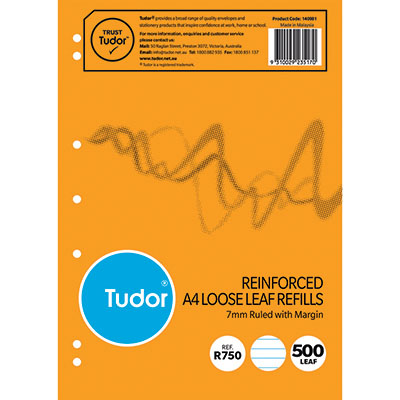 Image for TUDOR REINFORCED REFILL PAD 7MM RULED 500 LEAF A4 from OFFICE NATIONAL CANNING VALE