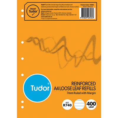 Image for TUDOR REINFORCED LOOSE REFILL PAD RULED 7MM 55GSM 400 SHEETS A4 from Surry Office National