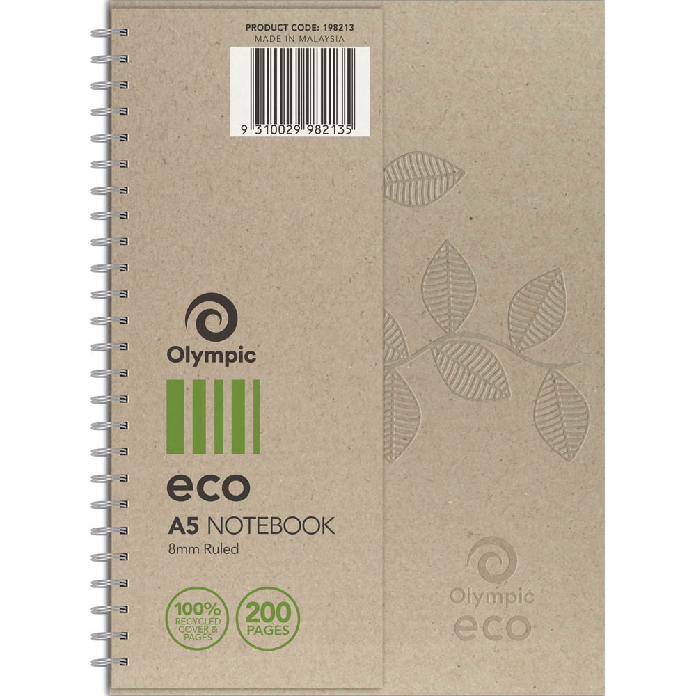 Image for OLYMPIC ECO RECYCLED NOTEBOOK 8MM RULED 70GSM 200 PAGE A5 NATURAL from Connelly's Office National