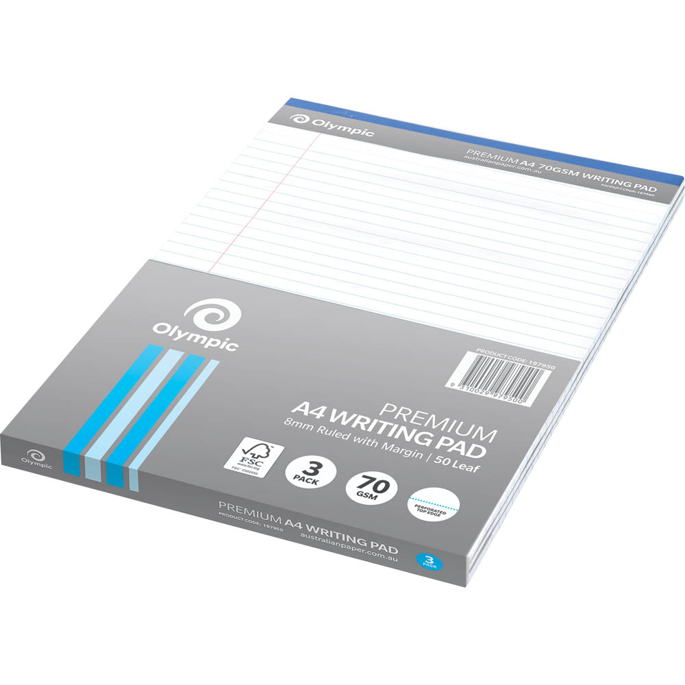 Image for OLYMPIC PREMIUM WRITING PAD 8MM RULED 70GSM 100 PAGE A4 WHITE PACK 3 from Angletons Office National