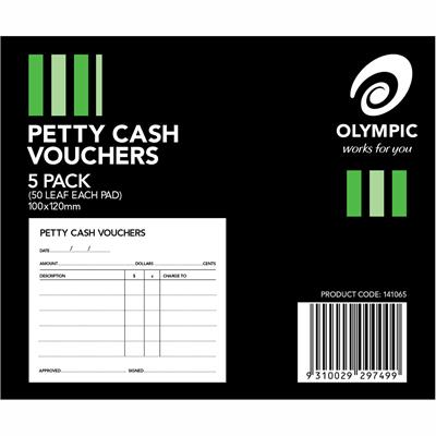 Image for OLYMPIC PETTY CASH VOUCHER PAD 50 LEAF 100 X 120MM PACK 5 from Surry Office National