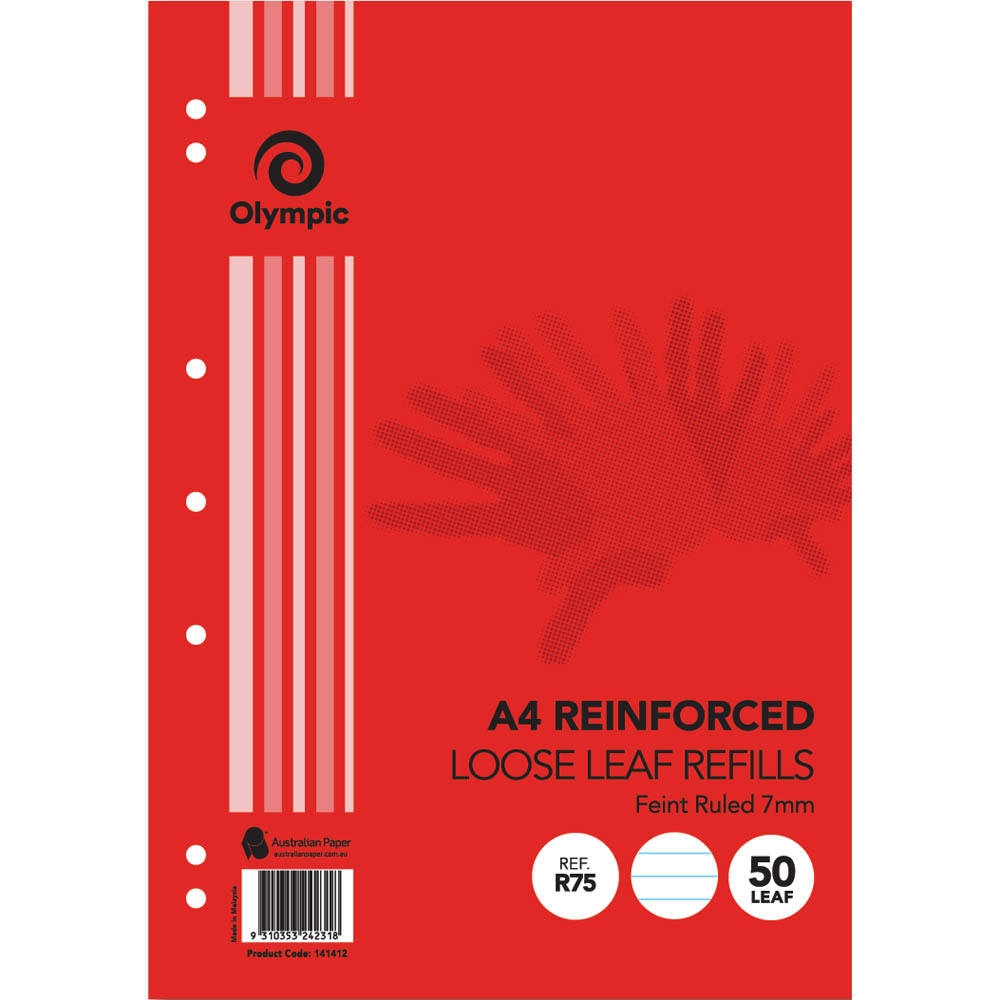 Image for OLYMPIC R75 REINFORCED LOOSE LEAF REFILL 7MM FEINT RULED 55GSM A4 PACK 50 from Aztec Office National