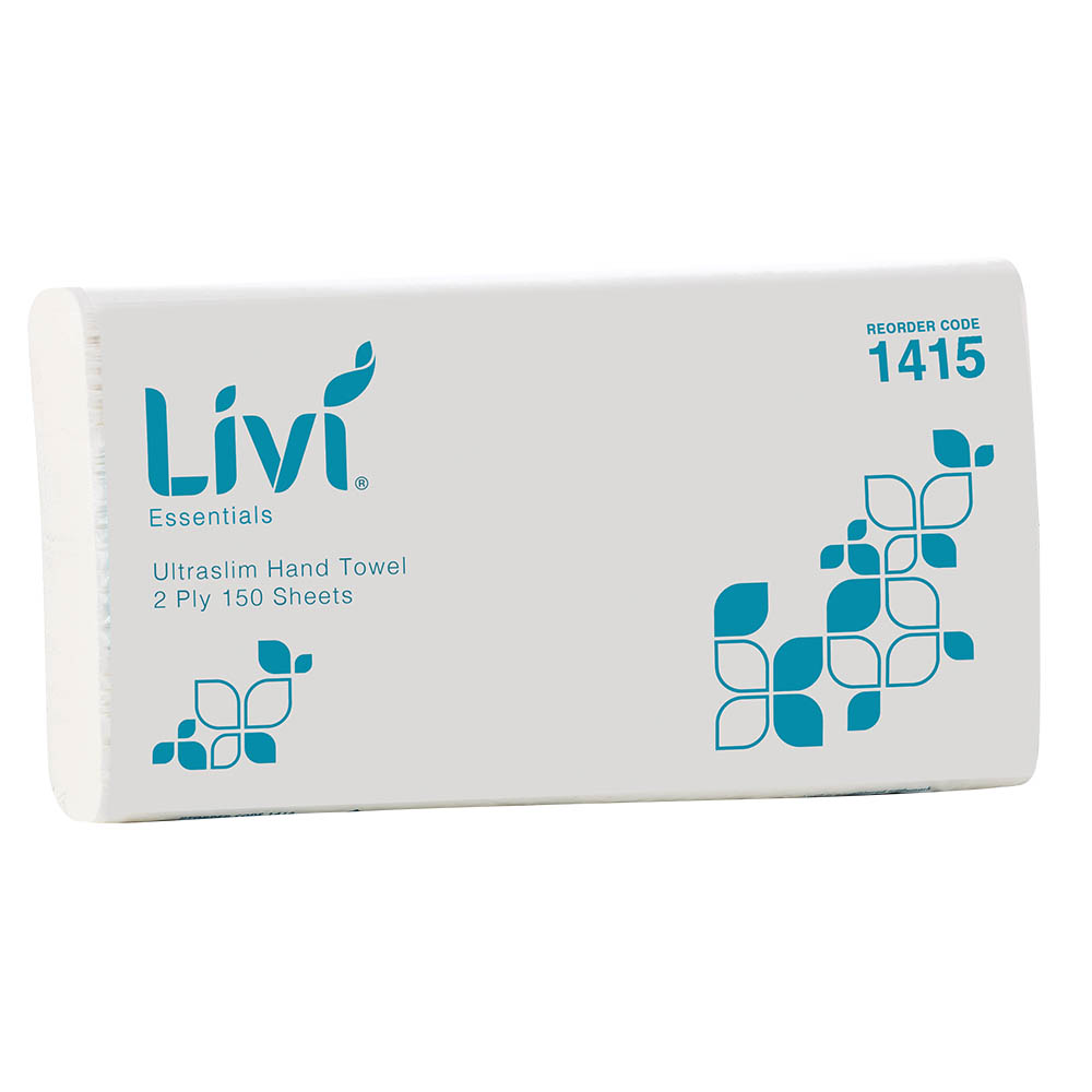 Image for LIVI ESSENTIALS ULTRASLIM HAND TOWEL 2-PLY 150 SHEET 230 X 240MM CARTON 16 from Surry Office National