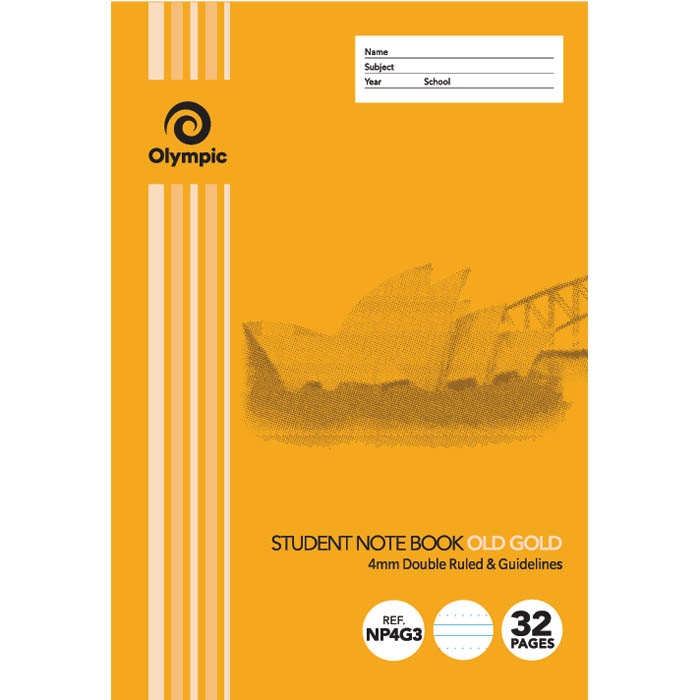 Image for OLYMPIC NP4G3 EXERCISE BOOK NSW RULING DOUBLE RULED/GUIDELINES 4MM 55GSM 32 PAGE 250 X 176MM OLD GOLD PACK 20 from OFFICE NATIONAL CANNING VALE