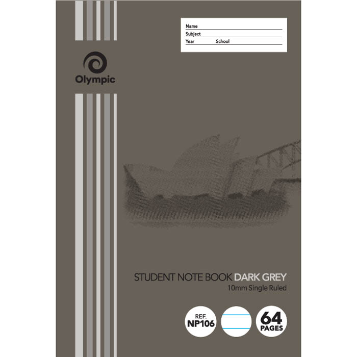 Image for OLYMPIC NP106 STUDENT NOTE BOOK NSW RULING 10MM 55GSM 64 PAGE 250 X 175MM DARK GREY from Copylink Office National