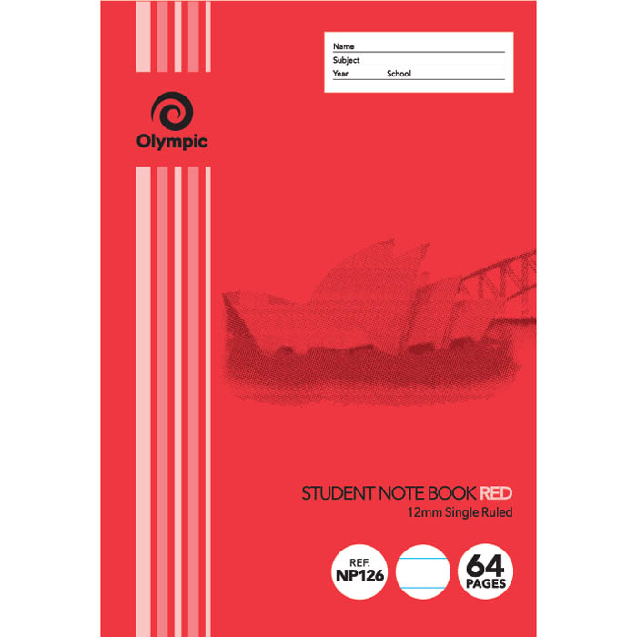 Image for OLYMPIC NP126 EXERCISE BOOK NSW 12MM RULING 55GSM 64 PAGE 250 X 175MM RED from BACK 2 BASICS & HOWARD WILLIAM OFFICE NATIONAL