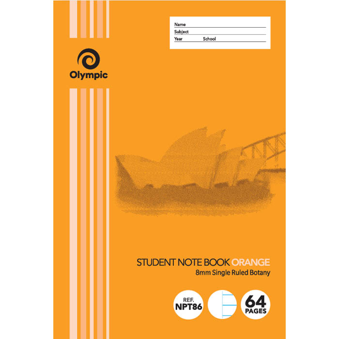 Image for OLYMPIC NPT86 EXERCISE BOOK NSW RULING 8MM 55GSM 64 PAGE 250 X 176MM ORANGE PACK 20 from Emerald Office Supplies Office National